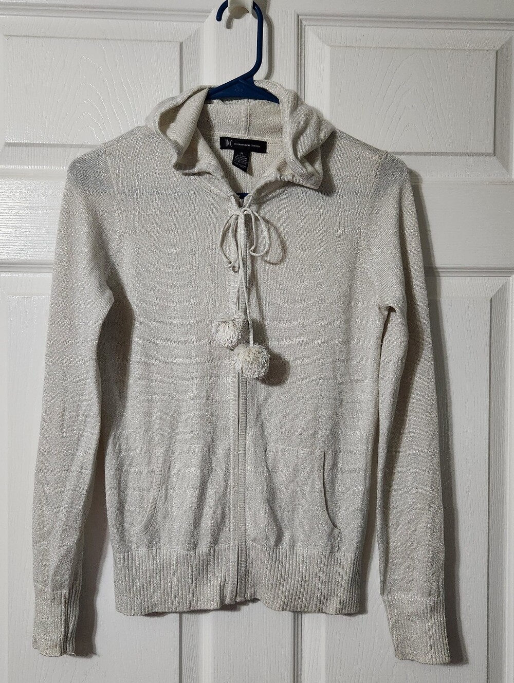 INC International Concepts Light Cream Zipup Hooded Sweater with Pom Pom Ties